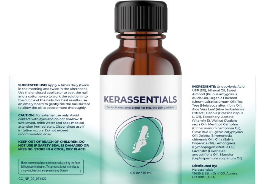 Kerassentials Review: image showing use ane ingredients of product bottle