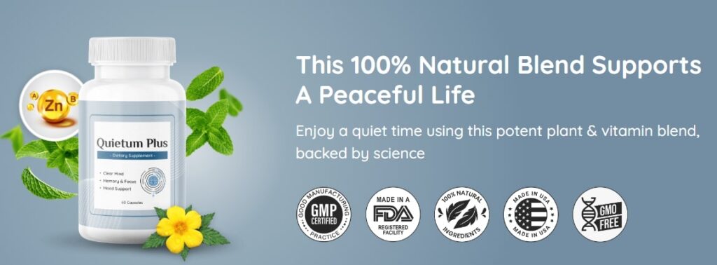 Quietum Plus supplement bottle for supporting ear health and reducing buzzing in ear symptoms.