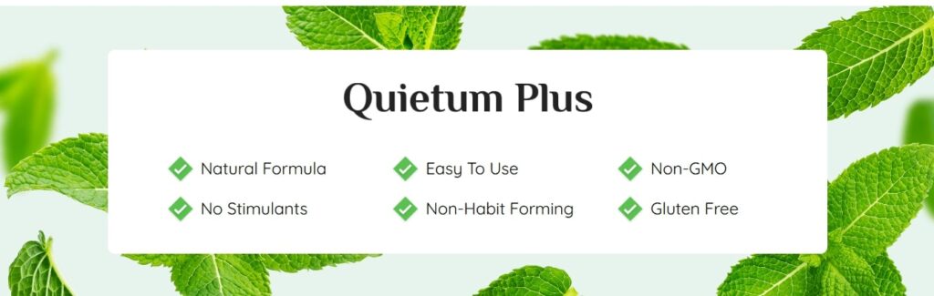Quietum Plus benefits displayed with natural ingredients that may help reduce buzzing in ear symptoms and support ear health