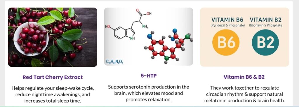 Yu Sleep Supplement ingredients: Tart Cherry Extract, L-Glycine, and Vitamins B6 and B12 shown with their benefits for improving sleep quality