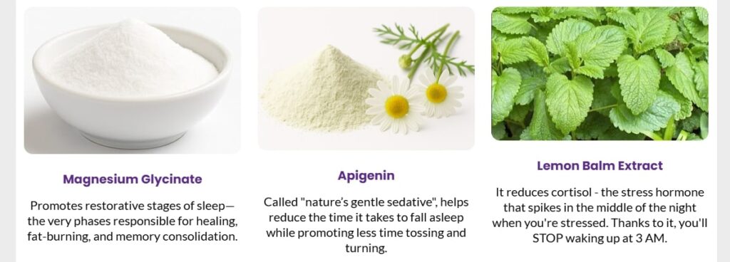Yu Sleep Supplement ingredients: Magnesium Glycinate, GABA, and Lemon Balm Extract displayed with their sleep-supporting benefits