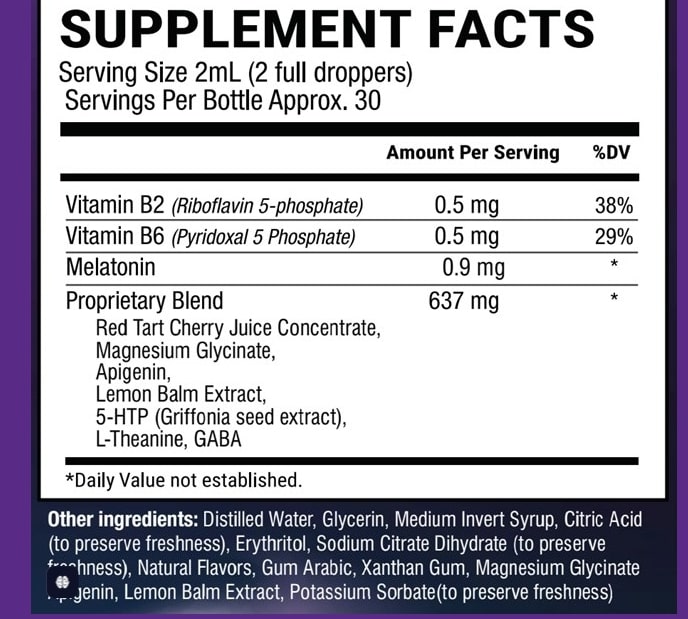 Yu Sleep Supplement Facts label showing vitamins B6, B12, melatonin, magnesium glycinate, tart cherry extract, GABA, L-theanine, 5-HTP, and other natural ingredients.