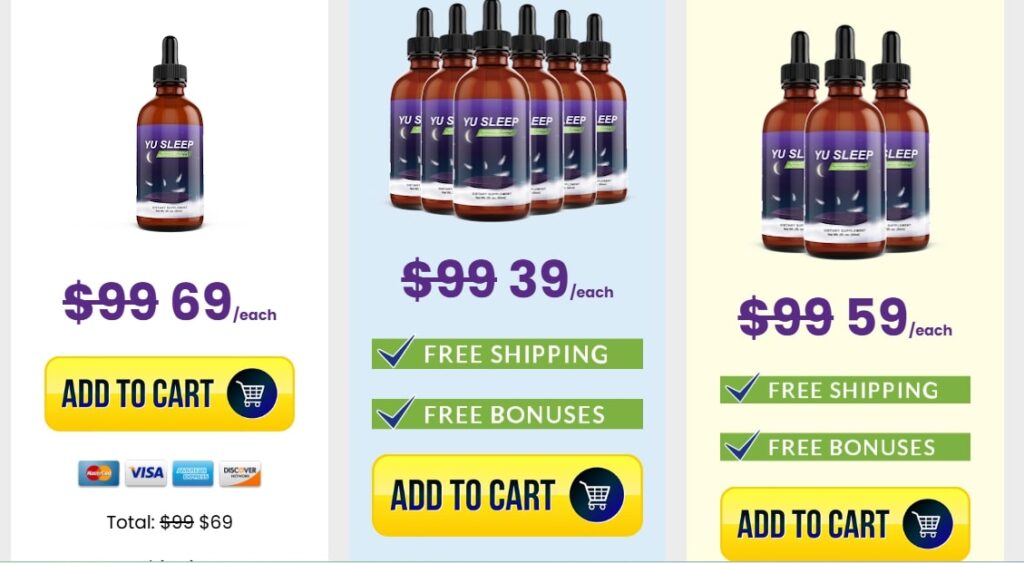 yu sleep supplement pricing chart showing discount packages for 1 bottle, 3 bottles, and 6 bottles with special limited-time savings