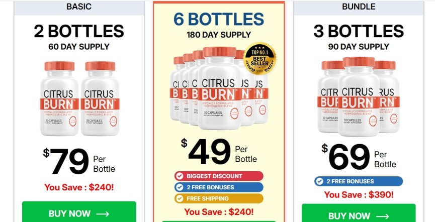 CitrusBurn supplement bundle options designed to support slow metabolism after 35, including 2 bottle, 3 bottle, and 6 bottle packages