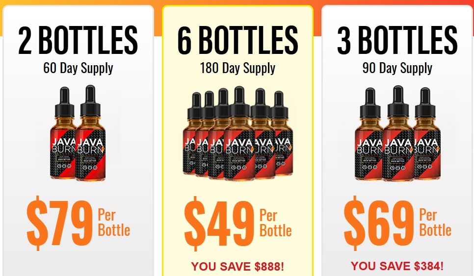 Java Burn reviews showing 2,3, 6 bottle package with 60,90, 180 day supply and discounted price offer