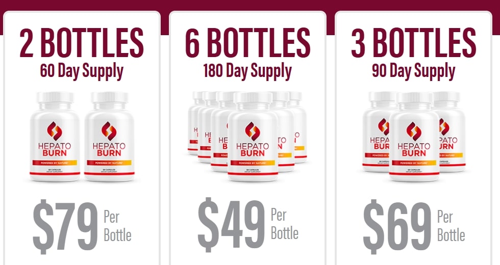 Hepatoburn discount pricing for 2, 3, and 6 bottle packages starting at 49 dollars