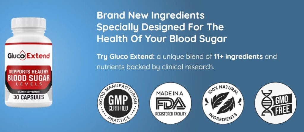 Gluco Extend Review showing natural blood sugar support supplement with non-GMO, gluten-free, and stimulant-free formula

