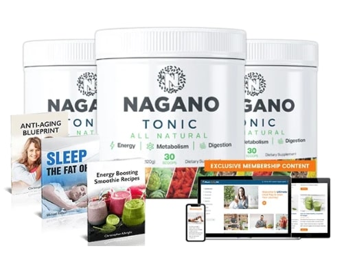 Nagano Tonic review showing bottles, supplement packaging, and official bonuses for weight loss support