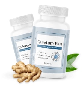 Quietum Plus supplement bottle for supporting ear health and reducing buzzing in ear symptoms.