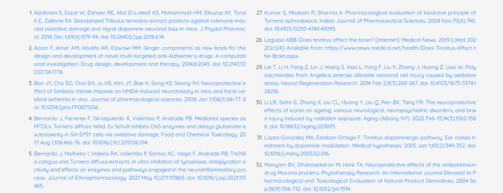 Scientific references and medical studies on buzzing in ear tinnitus relief and neuroprotective effects