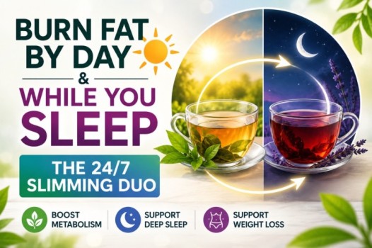 All Day Slimming Tea Review illustration showing a morning and evening herbal tea routine designed to support metabolism, digestion, natural energy, and relaxation.