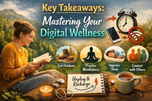 Digital Detox Benefit illustration showing a woman reading outdoors with icons for mindfulness, better sleep, outdoor activity, and reduced screen time to improve digital wellness