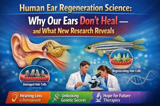 Human Ear Regeneration Science showing inner ear anatomy, damaged and regenerating hair cells, and future hearing loss research
