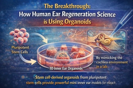 Human Ear Regeneration Science showing stem cell–derived organoids, 3D inner ear models, and cochlea environment mimicked in laboratory research