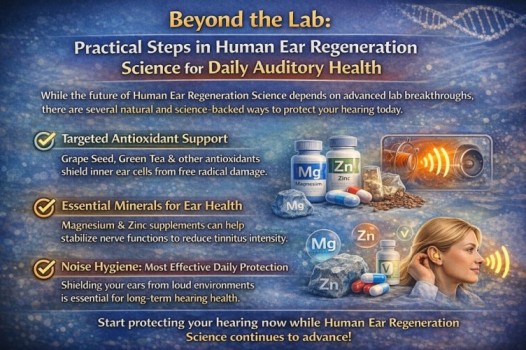 Human Ear Regeneration Science infographic showing practical daily steps like antioxidants, minerals, and noise protection to support auditory health