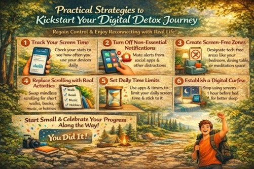 An infographic illustrating "Practical Strategies to Kickstart Your Digital Detox Journey," showing 6 steps including tracking screen time, turning off notifications, creating screen-free zones, replacing scrolling, setting daily limits, and establishing a digital curfew, set against a nature-inspired background.