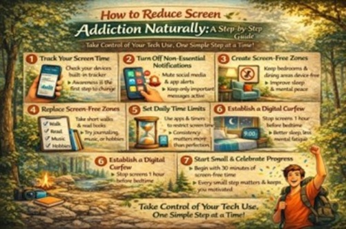 An infographic titled "How to Reduce Screen Addiction Naturally: A Step-by-Step Guide," illustrating 7 practical steps like tracking screen time, managing notifications, creating screen-free zones, replacing screen time with other activities, setting daily limits, establishing a digital curfew, and celebrating progress, all within a nature-themed setting to promote digital detox.