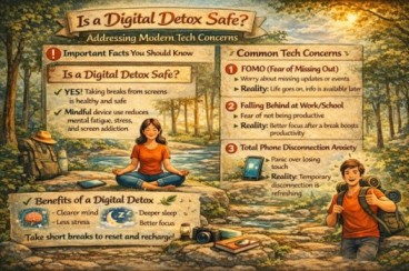 An infographic titled "Is a Digital Detox Safe? Addressing Modern Tech Concerns," detailing important facts, common tech concerns like FOMO and disconnection anxiety with their realities, and benefits of a digital detox such as clearer mind and deeper sleep, presented in a calming nature setting.