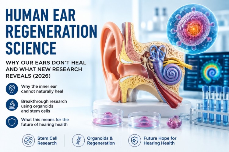Human Ear Regeneration Science infographic showing the inner ear, hair cells, stem cell research, and organoid technology used to study hearing loss, regeneration, and future hearing research.