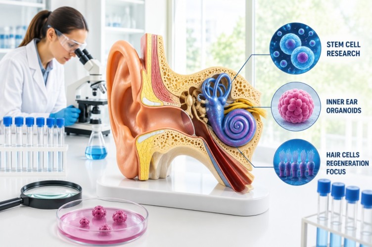 Human Ear Regeneration Science infographic illustrating inner ear anatomy, stem cell research, organoid technology, and hair cell regeneration to explain emerging hearing research and future therapeutic possibilities.