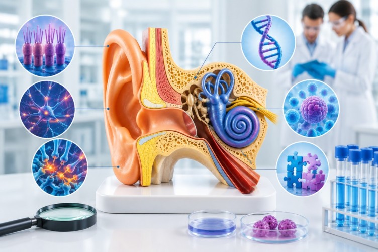 Human Ear Regeneration Science illustration showing inner ear anatomy, sensory hair cells, neurons, DNA, and laboratory research visuals explaining why human inner ear cells have limited natural regenerative ability.
