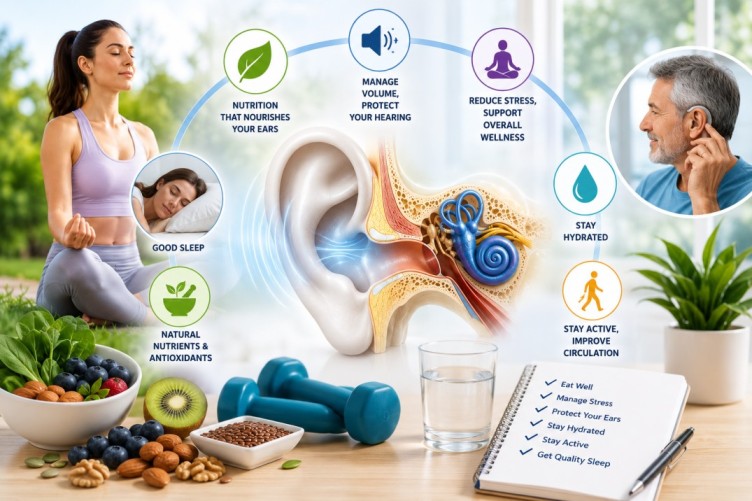 Human Ear Regeneration Science infographic showing healthy lifestyle habits including nutritious foods, exercise, stress management, hydration, quality sleep, and hearing protection to support long-term hearing wellness.