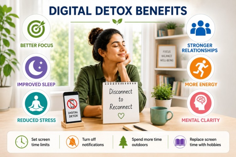 Digital Detox Benefits infographic showing healthier digital habits, improved focus, better sleep, reduced stress, stronger relationships, and mindful screen use in a bright, screen-free environment.