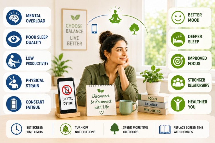 Digital Detox Benefits infographic highlighting mental overload, poor sleep quality, low productivity, physical strain, constant fatigue, improved focus, deeper sleep, better mood, stronger relationships, and healthier digital habits.