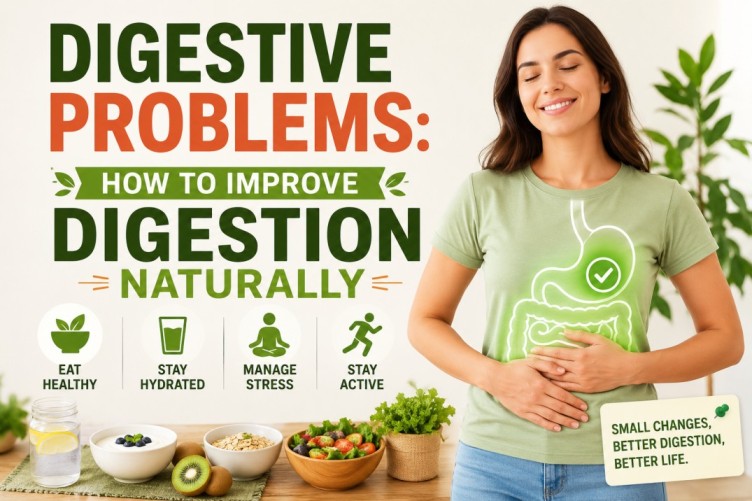 Woman supporting digestive health naturally with healthy foods and lifestyle habits for digestive problem relief and better gut health.