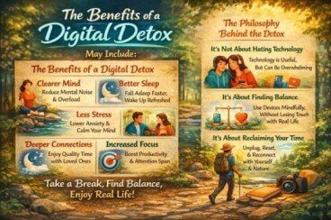 Digital detox benefits infographic showing mental clarity, better sleep, less stress, improved focus, and deeper connections, explaining the philosophy of digital detox for balanced technology use and healthier life.