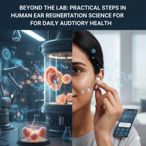 A split image showing Human Ear Regeneration Science in a lab on one side and a person using earbuds for daily auditory health on the other, symbolizing the practical application of scientific breakthroughs.