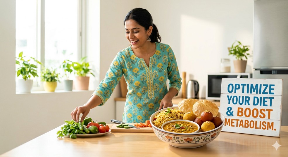 An Indian kitchen setting showcasing traditional meals like rice, sweets, and fresh vegetables to explain how modern Indian lifestyle affects weight loss and diet optimization