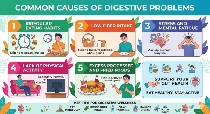 An infographic chart showing common causes of digestive problems, including irregular eating habits, low fiber intake, stress, lack of physical activity, and excess processed foods.