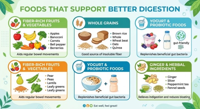 An infographic highlighting healthy foods that support better digestion and prevent digestive problems, featuring fiber-rich fruits, whole grains, probiotic yogurt, and herbal ginger.