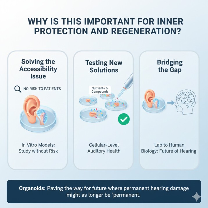An infographic highlighting the importance of Human Ear Regeneration Science for inner ear protection and regeneration, showcasing how organoids solve accessibility issues, enable testing new solutions, and bridge the gap between lab research and human biology for future hearing health.