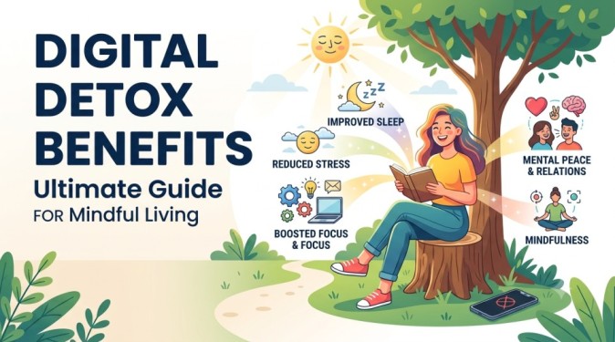 An infographic illustrating the various benefits of a digital detox, such as reduced stress, improved sleep, and boosted focus,
