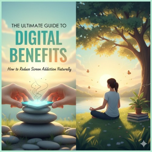 A serene image with text "The Ultimate Guide to Digital Detox Benefits," showing hands gently disconnecting from a glowing phone on stacked stones, and a person meditating by a lake at sunset to reduce screen addiction naturally.