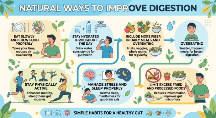 A step-by-step flowchart illustration showing natural ways to improve gut health and prevent digestive problems, including chewing food properly, staying hydrated, managing stress, and staying active.
