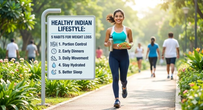 A healthy woman jogging in a bright park showing how modern Indian lifestyle affects weight loss and the 5 healthy habits needed to change for fitness