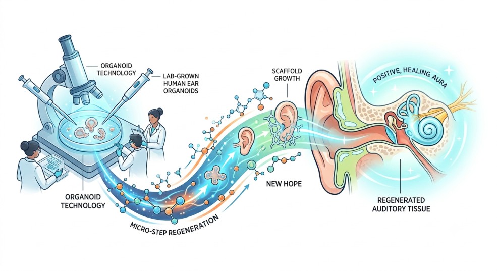 'Human Ear Regeneration Science' visually rendered: a scientific diagram illustrating lab-grown human ear organoids and scaffold growth transforming into regenerated auditory tissue, featuring micro-step regeneration.