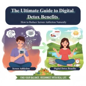 A comprehensive infographic for "The Ultimate Guide to Digital Detox Benefits," comparing a person suffering from screen addiction and FOMO with a person enjoying peace and mental clarity through digital detox in a nature-themed setting.