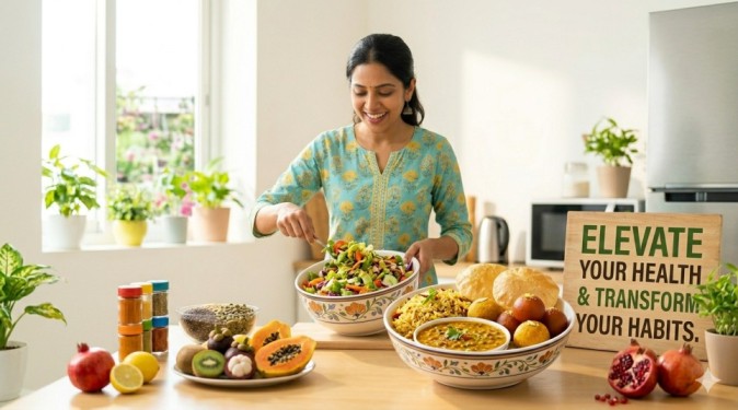 An Indian kitchen with a woman holding a health app tablet next to traditional meals and a chalkboard explaining how modern Indian lifestyle affects weight loss.