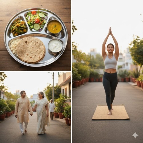 A visual guide on how Indian lifestyle affects weight loss, showing healthy diet, yoga, and walking habits.