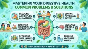 A professional blog featured image illustrating a guide on mastering digestive health, highlighting common digestive problems and natural solutions with modern gut health icons.