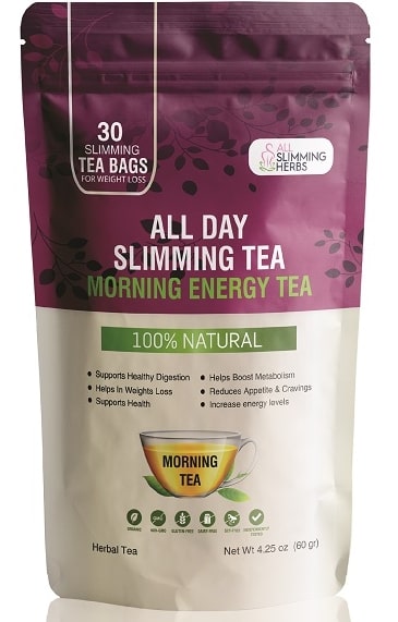 An honest all day slimming tea review showing the morning energy tea pack for natural weight loss and metabolism support.