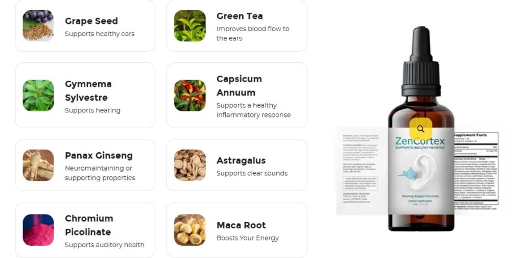 ZenCortex Review: Supplement facts and natural ingredients like Grape Seed, Green Tea, and Panax Ginseng for hearing support