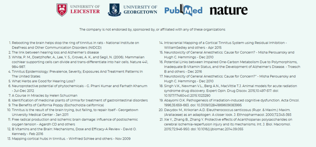 ZenCortex Review: Scientific references from Nature, PubMed, and University research supporting hearing health ingredients.