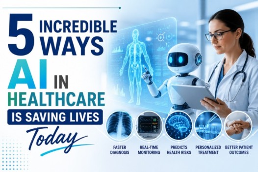 AI in Healthcare illustration showing artificial intelligence assisting doctors with faster diagnosis, real-time patient monitoring, personalized treatment, predictive analytics, and improved patient outcomes.