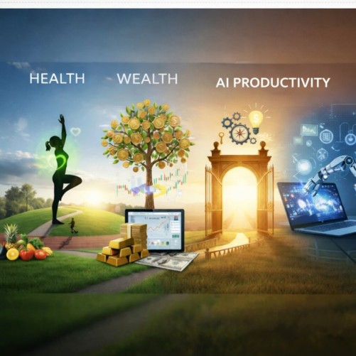 mart living concept showing health, wealth and AI productivity with yoga, money tree, digital finance and AI technology illustration