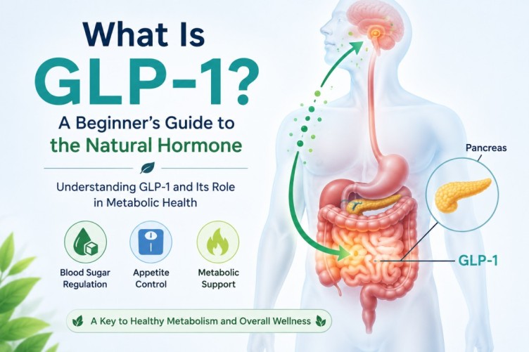 What Is GLP-1? Medical illustration showing how the natural GLP-1 hormone supports blood sugar regulation, appetite control, and metabolic health.